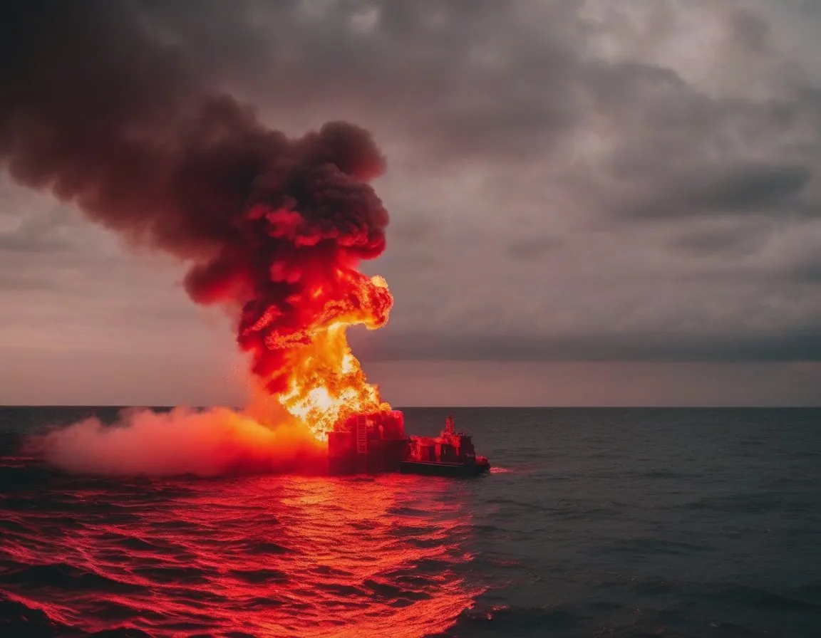 Feu à main rouge de détresse allumé en mer